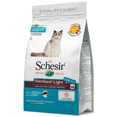Schesir Cat Sterilized & Light Fish - Сухой монопротеиновый корм с рыбой для стерилизованных кошек и кастрированных котов, для котов склонных к полноте ШКВСР1,5 фото