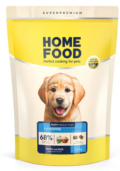 Home Food Puppy Medium/Maxi - Гипоаллергенный сухой корм «Форель с рисом» для щенков собак средних и крупных пород 2028016 фото