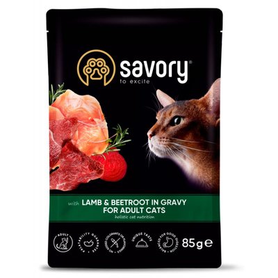 Savory Adult Cat Pouch with Lamb & Beetroot in Gravy - Влажный корм с ягненком и свеклой для взрослых котов 20123 фото