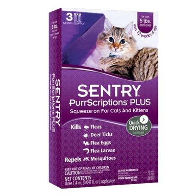 Sentry PurrScriptions Plus - Протипаразитарні краплі для котів вагою від 2,2 кг від бліх, кліщів, гельмінтів, 1 піпетка 19817 фото