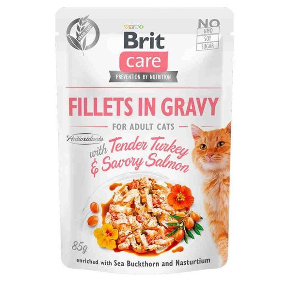 Brit Care Fillets in Gravy Tender Turkey & Savory Salmon - Вологий корм "Філе в соусі" з ніжною індичкою та пікантним лососем для котів 100528/0501 фото