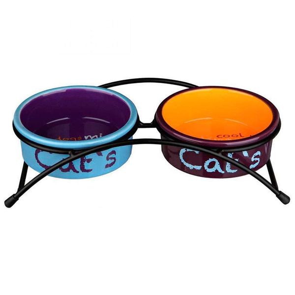 Trixie Eat on Feet – Миска двойная керамическая разноцветная на подставке для котов и собак мелких пород 24791 фото