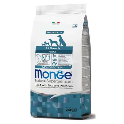 Monge Monoprotein All Breeds Adult Trout with Rice and Potatoes – Сухой монопротеиновый корм с форелью, рисом и картофелем для взрослых собак различных пород 70011334 фото