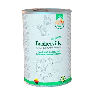 Baskerville Консервований корм класу холістік з телятиною і лососем, з пастернаком і крес-салатом для дорослих котів 21554 фото
