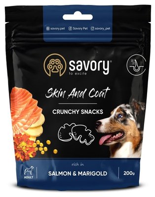 Savory crunchy sancks Skin and Coat with Salmon and Marigolds - Ласощі хрусткі з лососем та чорнобривцями для здоров'я шкіри та шерсті дорослих собак 31355 фото
