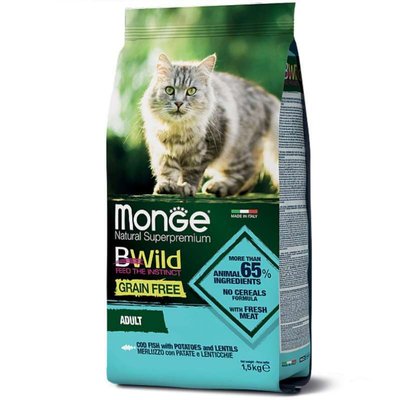 Monge BWild Grain Free Cod Fish Adult Cat - Сухий беззерновий корм з тріски, картоплі та сочевиці для дорослих кішок 70012058 фото